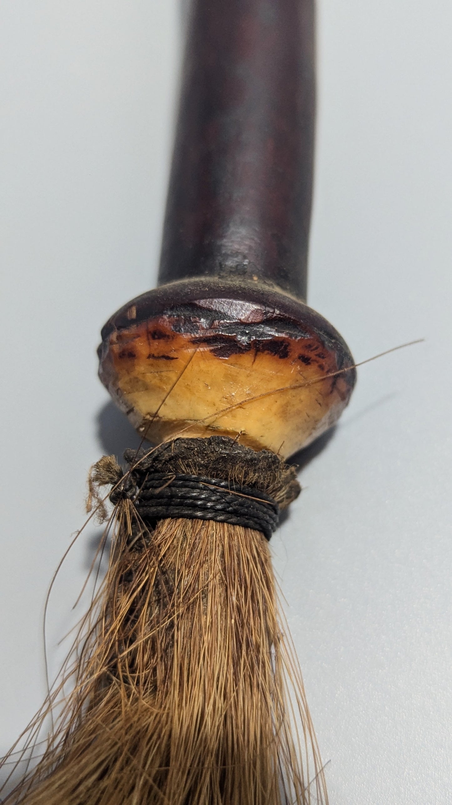 Old African Hardwood Fly Whisk with Horsehair and Horn Collar