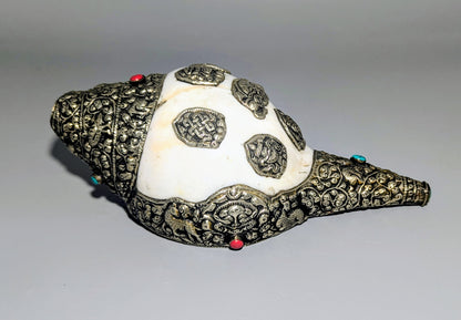 Tibetan Silver-Mounted Ritual Conch Trumpet (Dung-Dkar) with Turquoise and Coral, Early 20th Century