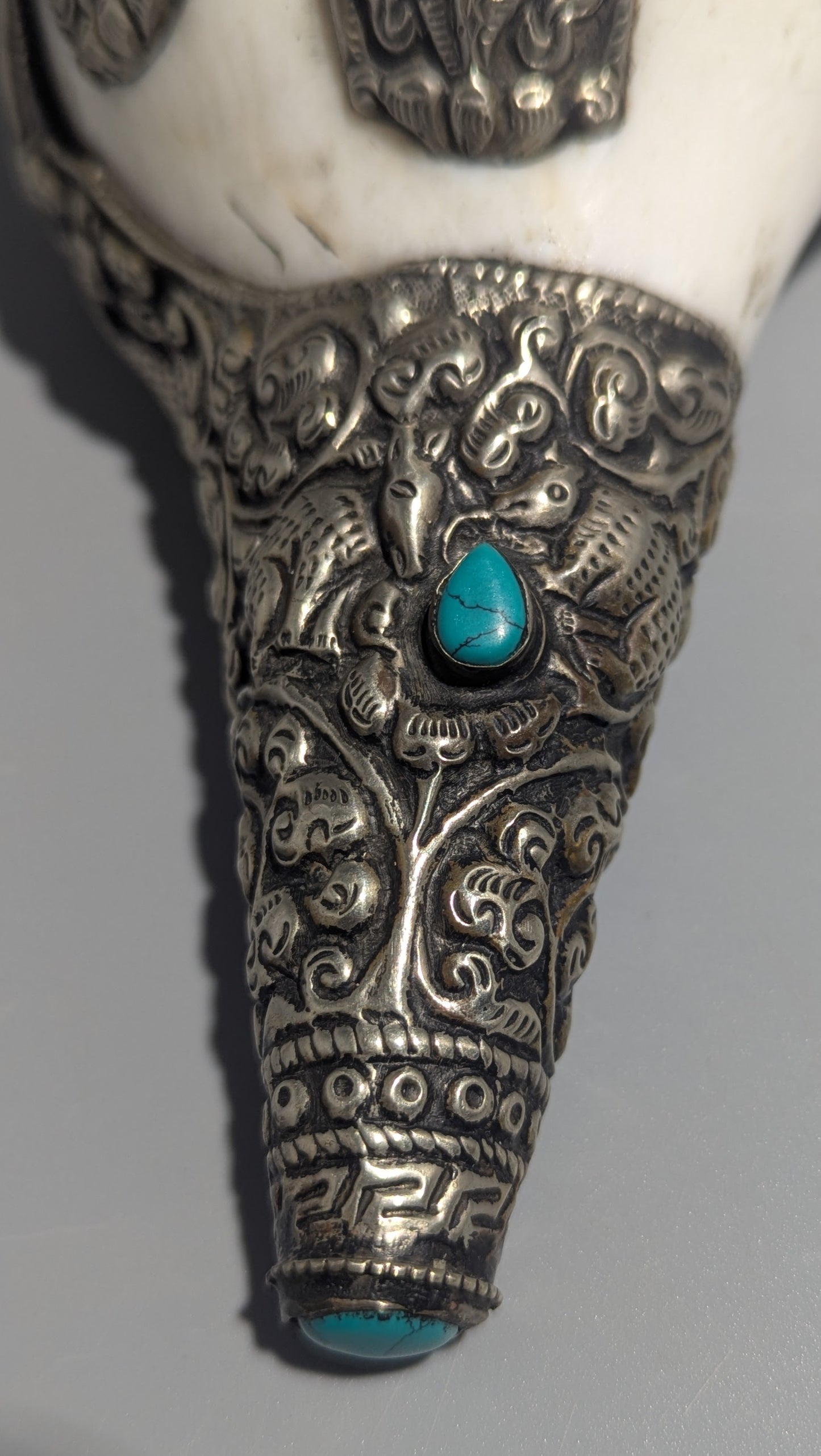 Tibetan Silver-Mounted Ritual Conch Trumpet (Dung-Dkar) with Turquoise and Coral, Early 20th Century