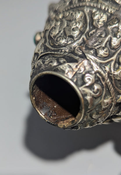 Tibetan Silver-Mounted Ritual Conch Trumpet (Dung-Dkar) with Turquoise and Coral, Early 20th Century