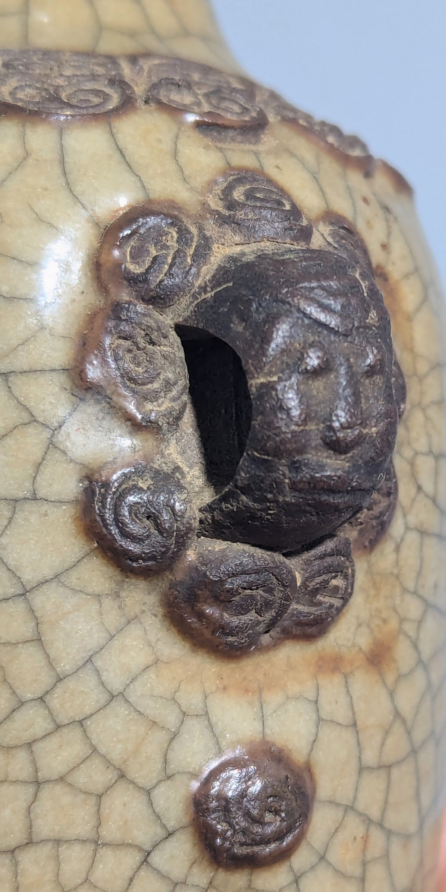 Chinese Crackle-Glazed Archaistic Vase with Taotie Mask and Ring Handles