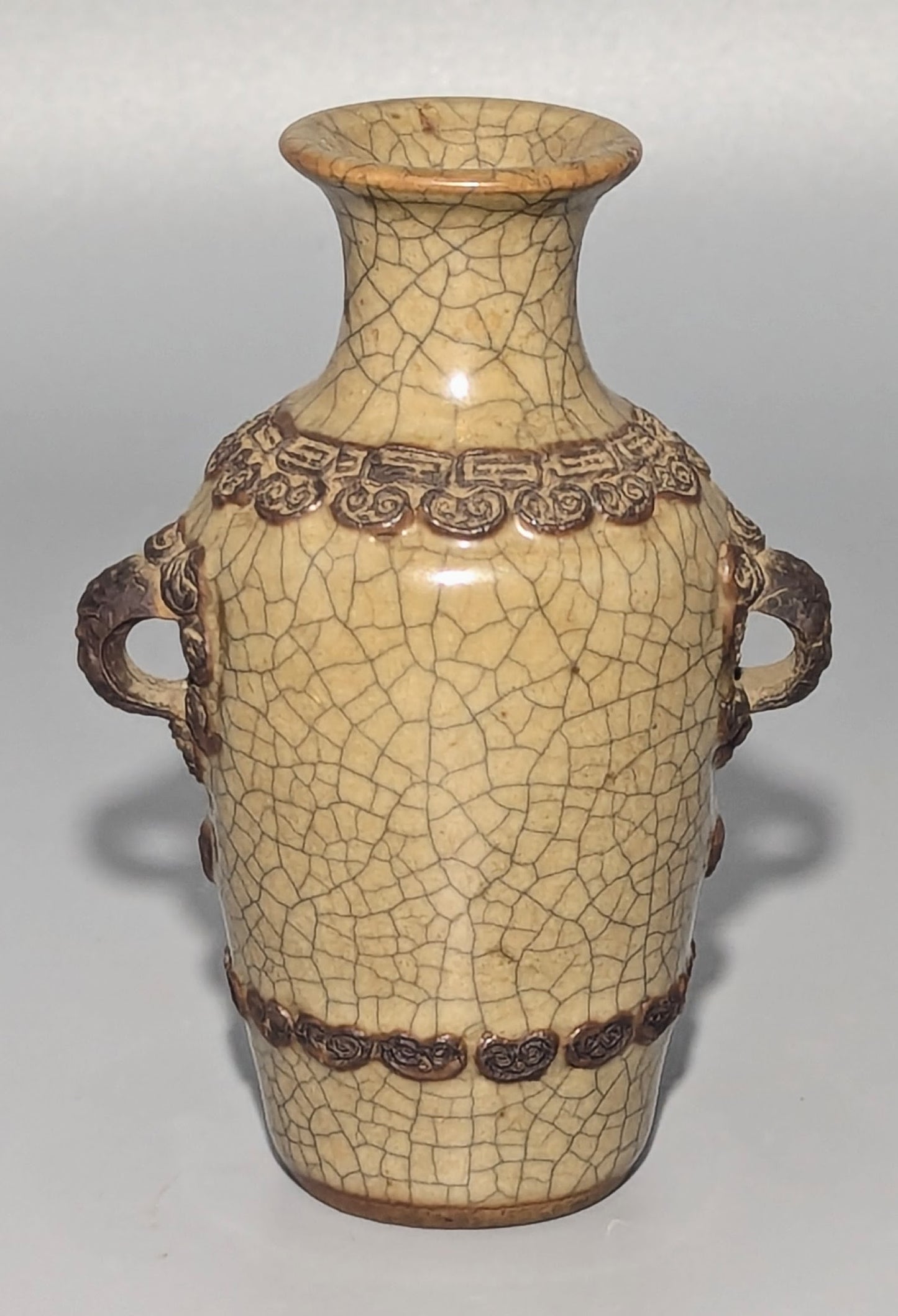 Chinese Crackle-Glazed Archaistic Vase with Taotie Mask and Ring Handles