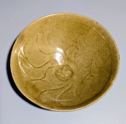 Korean Goryeo Celadon Bowl with Incised Lotus Scroll Decoration