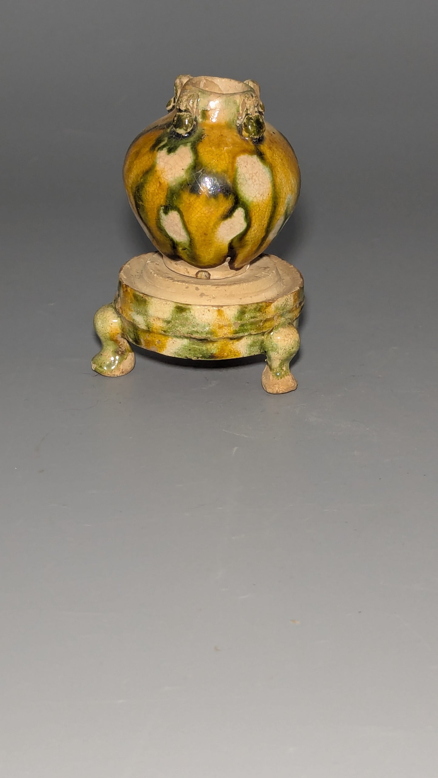Chinese Sancai-Glazed Miniature Four-Lug Jar with Matching Ceramic Tripod Stand, Tang Dynasty Style