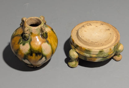 Chinese Sancai-Glazed Miniature Four-Lug Jar with Matching Ceramic Tripod Stand, Tang Dynasty Style