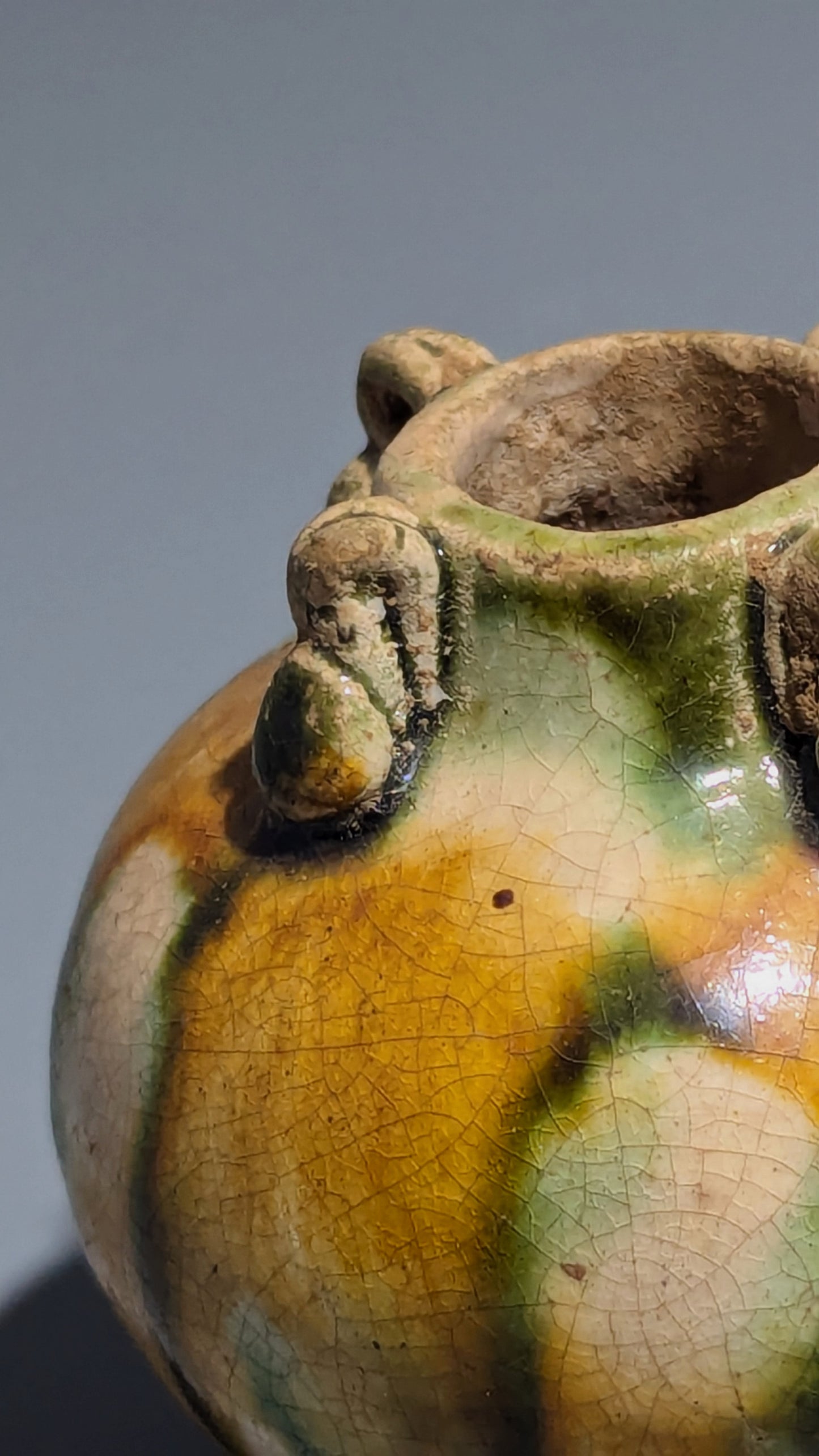 Chinese Sancai-Glazed Miniature Four-Lug Jar with Matching Ceramic Tripod Stand, Tang Dynasty Style