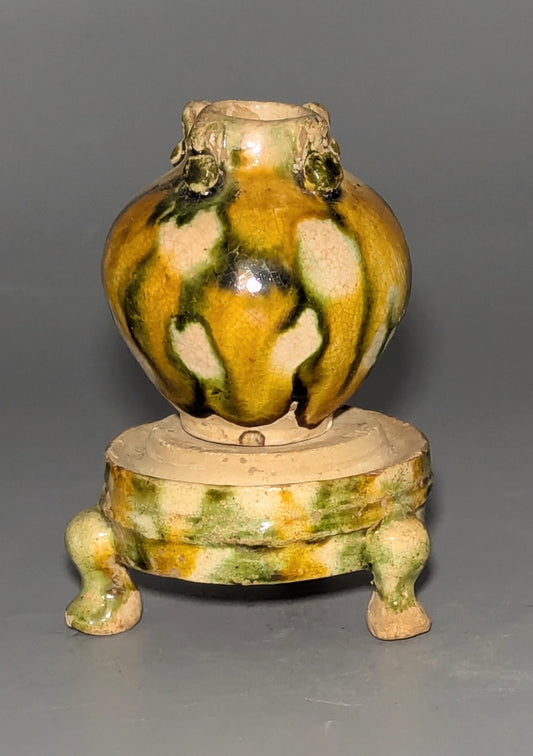 Chinese Sancai-Glazed Miniature Four-Lug Jar with Matching Ceramic Tripod Stand, Tang Dynasty Style