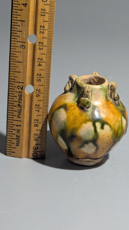 Chinese Sancai-Glazed Miniature Four-Lug Jar with Matching Ceramic Tripod Stand, Tang Dynasty Style
